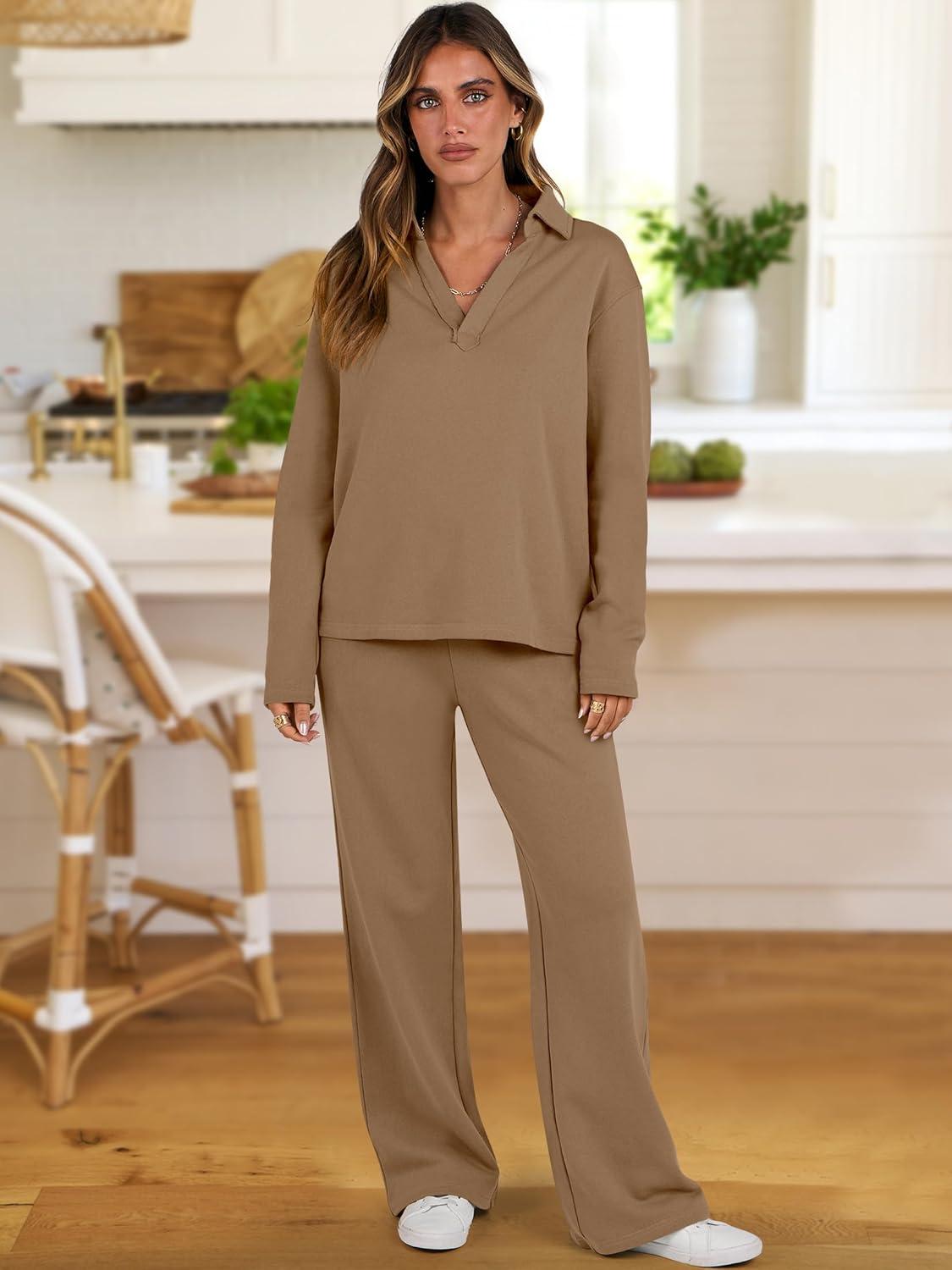 imageANRABESS Lounge Sets for Women 2 Piece Outfits Sweatsuit Set Fall V Neck Sweatshirts Wide Leg Pants TracksuitsOrange