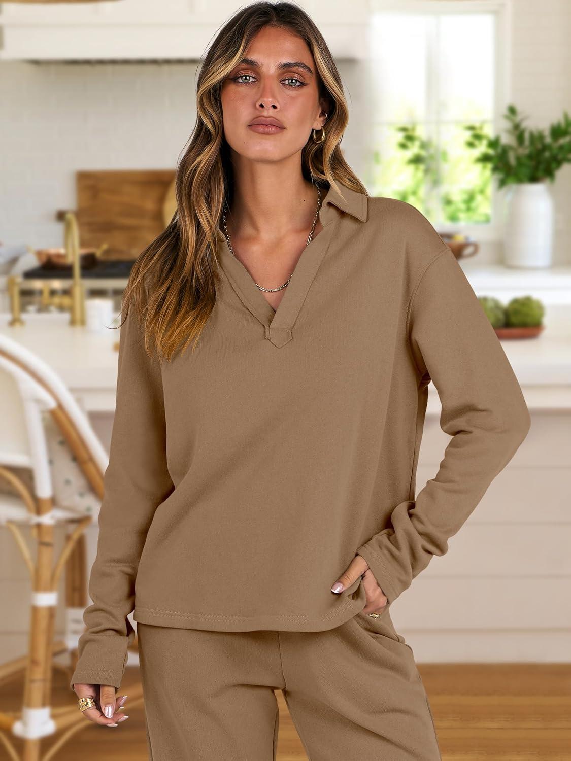 imageANRABESS Lounge Sets for Women 2 Piece Outfits Sweatsuit Set Fall V Neck Sweatshirts Wide Leg Pants TracksuitsOrange