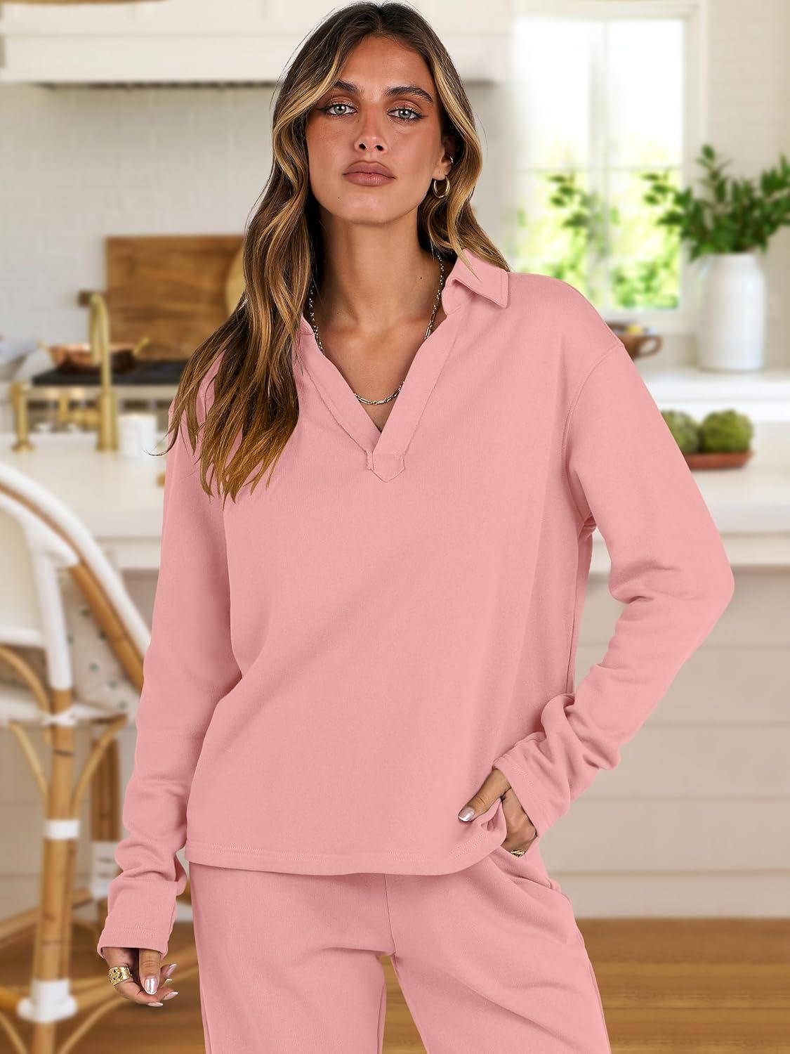 imageANRABESS Lounge Sets for Women 2 Piece Outfits Sweatsuit Set Fall V Neck Sweatshirts Wide Leg Pants TracksuitsPink