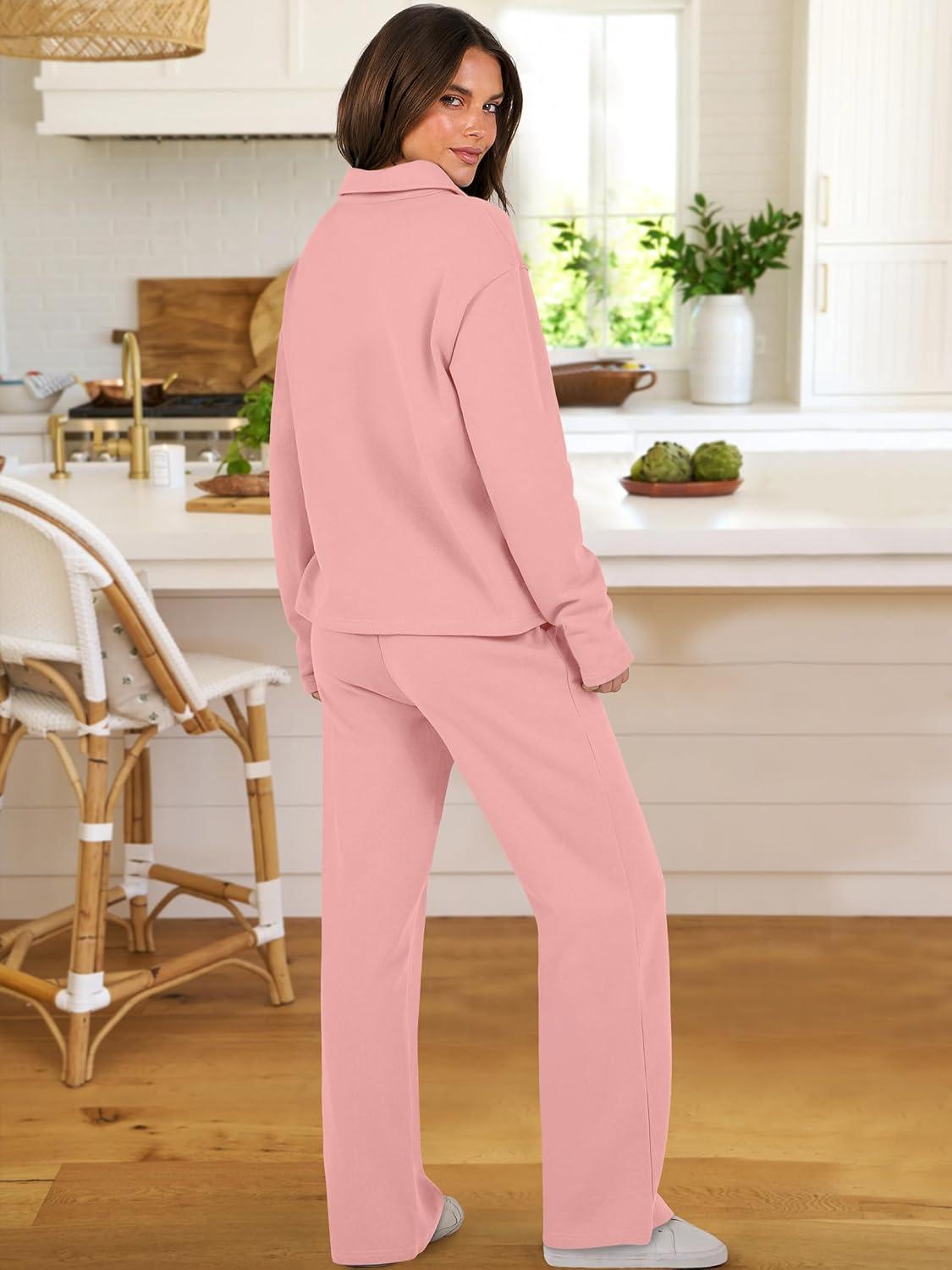 imageANRABESS Lounge Sets for Women 2 Piece Outfits Sweatsuit Set Fall V Neck Sweatshirts Wide Leg Pants TracksuitsPink