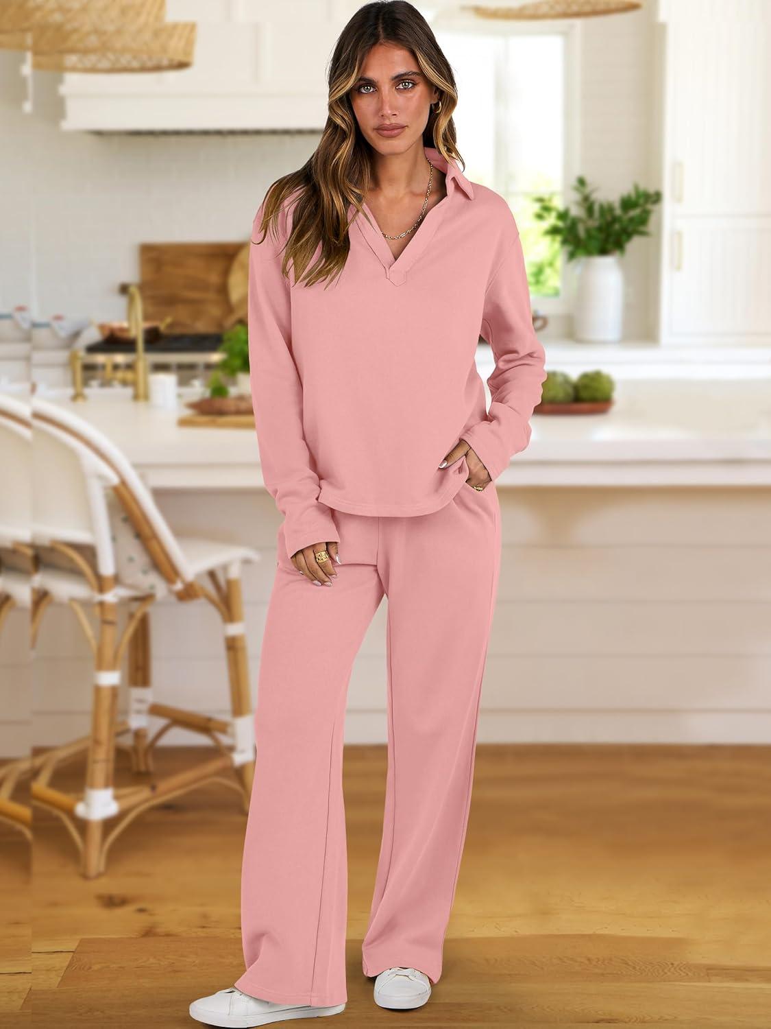 imageANRABESS Lounge Sets for Women 2 Piece Outfits Sweatsuit Set Fall V Neck Sweatshirts Wide Leg Pants TracksuitsPink