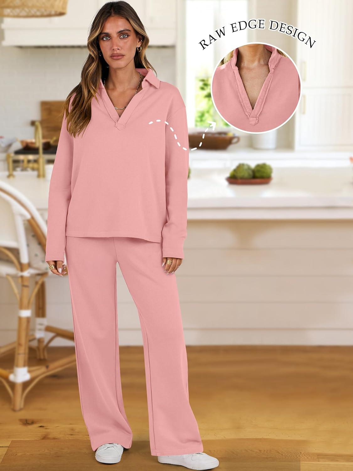 imageANRABESS Lounge Sets for Women 2 Piece Outfits Sweatsuit Set Fall V Neck Sweatshirts Wide Leg Pants TracksuitsPink