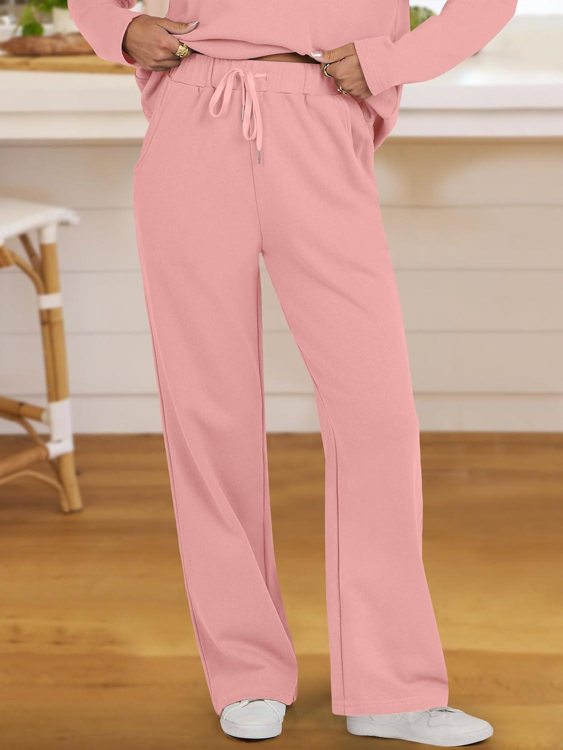 imageANRABESS Lounge Sets for Women 2 Piece Outfits Sweatsuit Set Fall V Neck Sweatshirts Wide Leg Pants TracksuitsPink