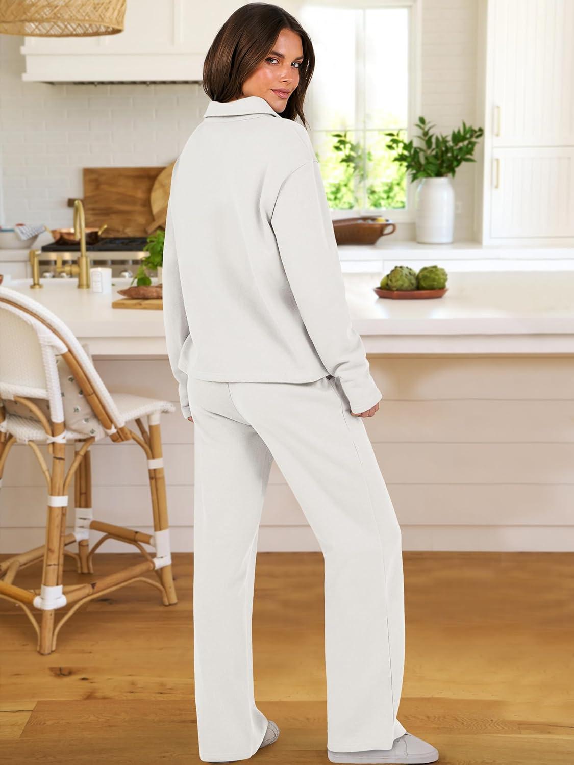 imageANRABESS Lounge Sets for Women 2 Piece Outfits Sweatsuit Set Fall V Neck Sweatshirts Wide Leg Pants TracksuitsWhite