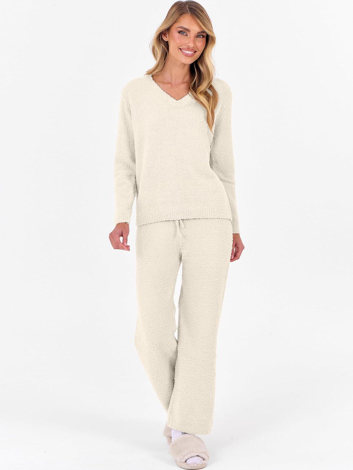 imageANRABESS Lounge Sets for Women Fuzzy Fleece Pajama Sets 2 Piece Outfits Cozy Sweater Matching Set 2025 Fall Winter LoungewearBeige