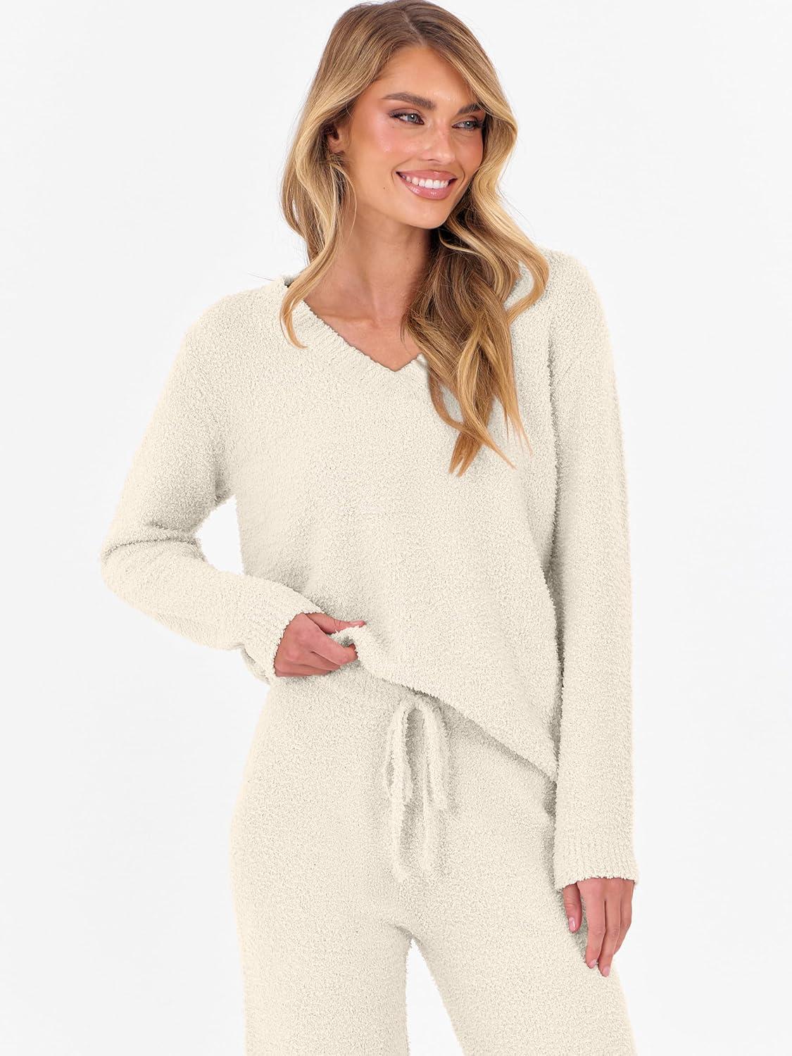 imageANRABESS Lounge Sets for Women Fuzzy Fleece Pajama Sets 2 Piece Outfits Cozy Sweater Matching Set 2025 Fall Winter LoungewearBeige