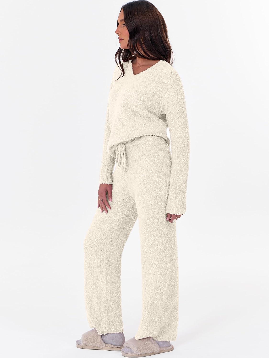 imageANRABESS Lounge Sets for Women Fuzzy Fleece Pajama Sets 2 Piece Outfits Cozy Sweater Matching Set 2025 Fall Winter LoungewearBeige