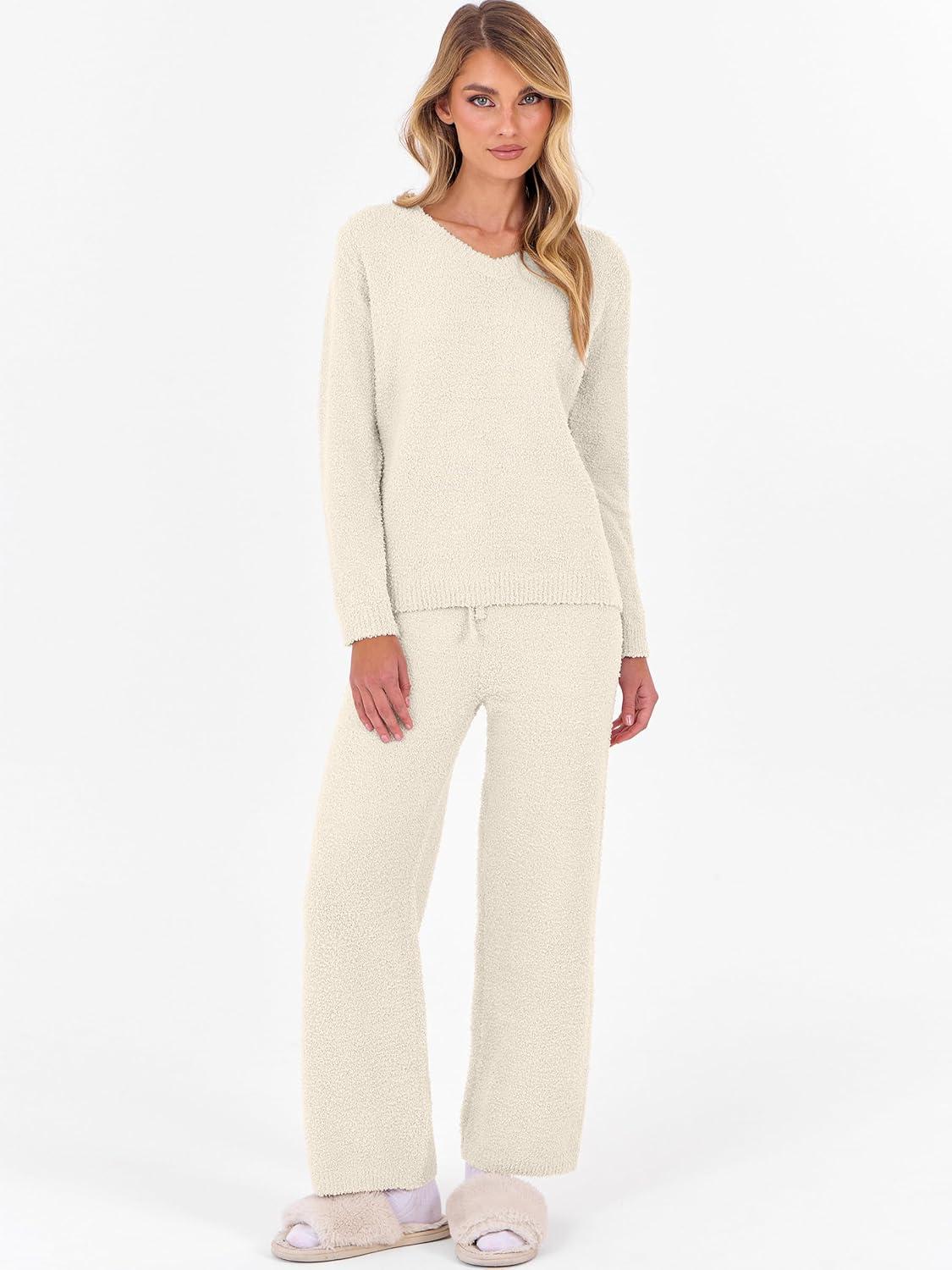 imageANRABESS Lounge Sets for Women Fuzzy Fleece Pajama Sets 2 Piece Outfits Cozy Sweater Matching Set 2025 Fall Winter LoungewearBeige