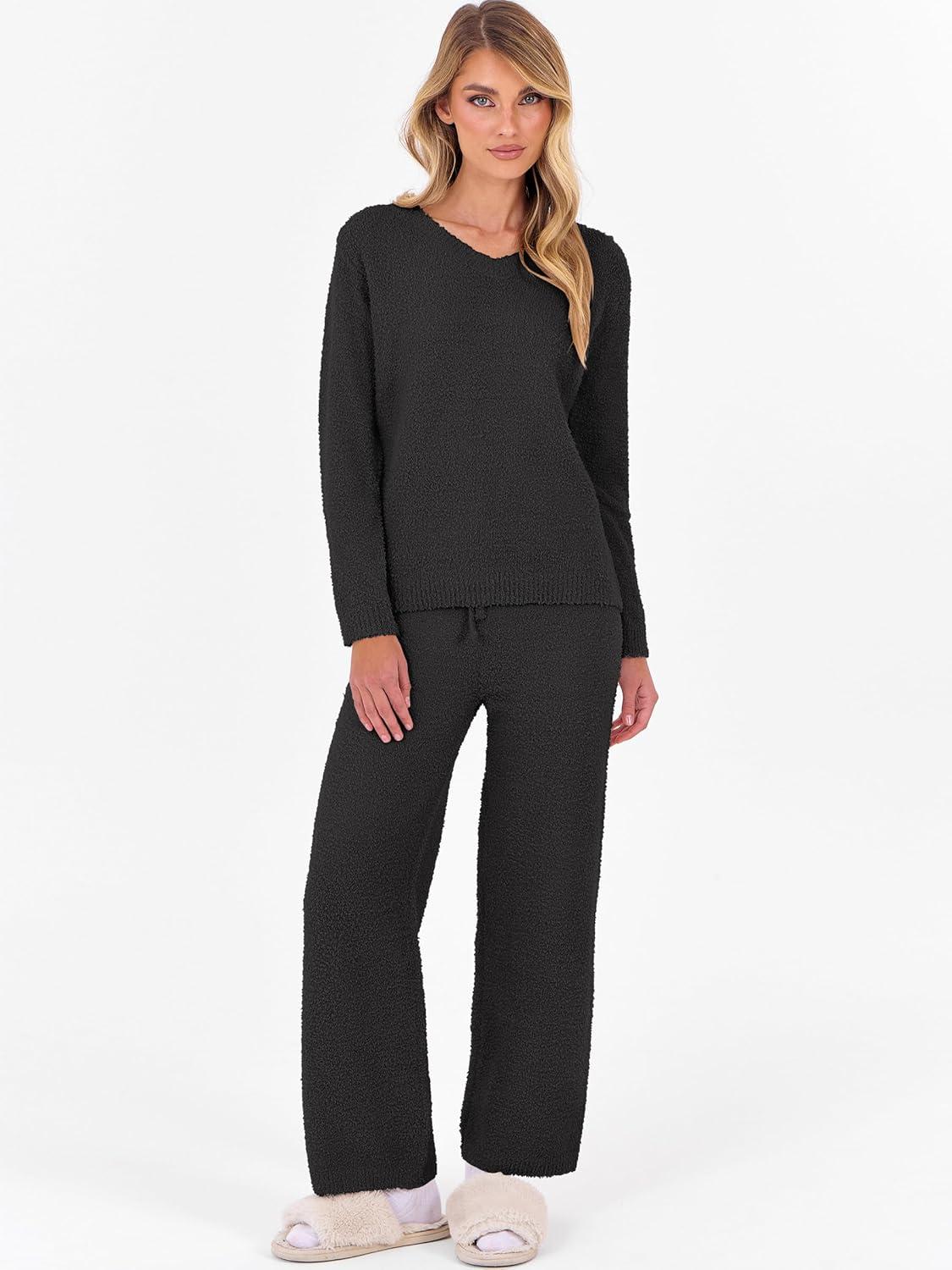 imageANRABESS Lounge Sets for Women Fuzzy Fleece Pajama Sets 2 Piece Outfits Cozy Sweater Matching Set 2025 Fall Winter LoungewearBlack