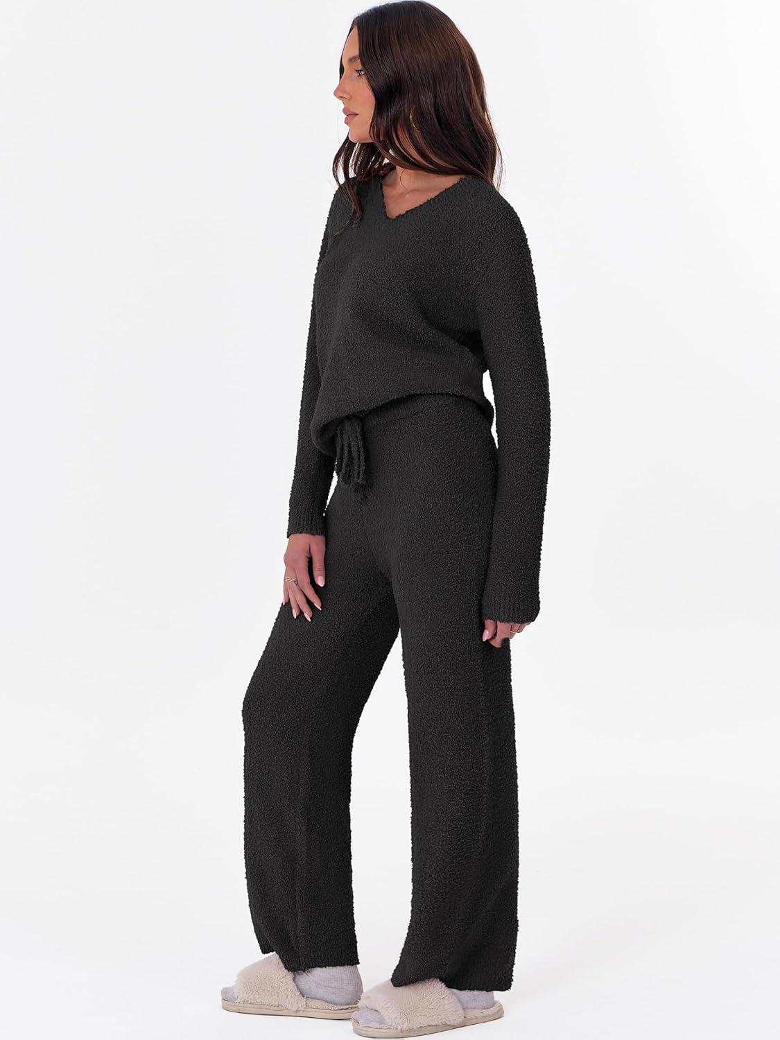 imageANRABESS Lounge Sets for Women Fuzzy Fleece Pajama Sets 2 Piece Outfits Cozy Sweater Matching Set 2025 Fall Winter LoungewearBlack