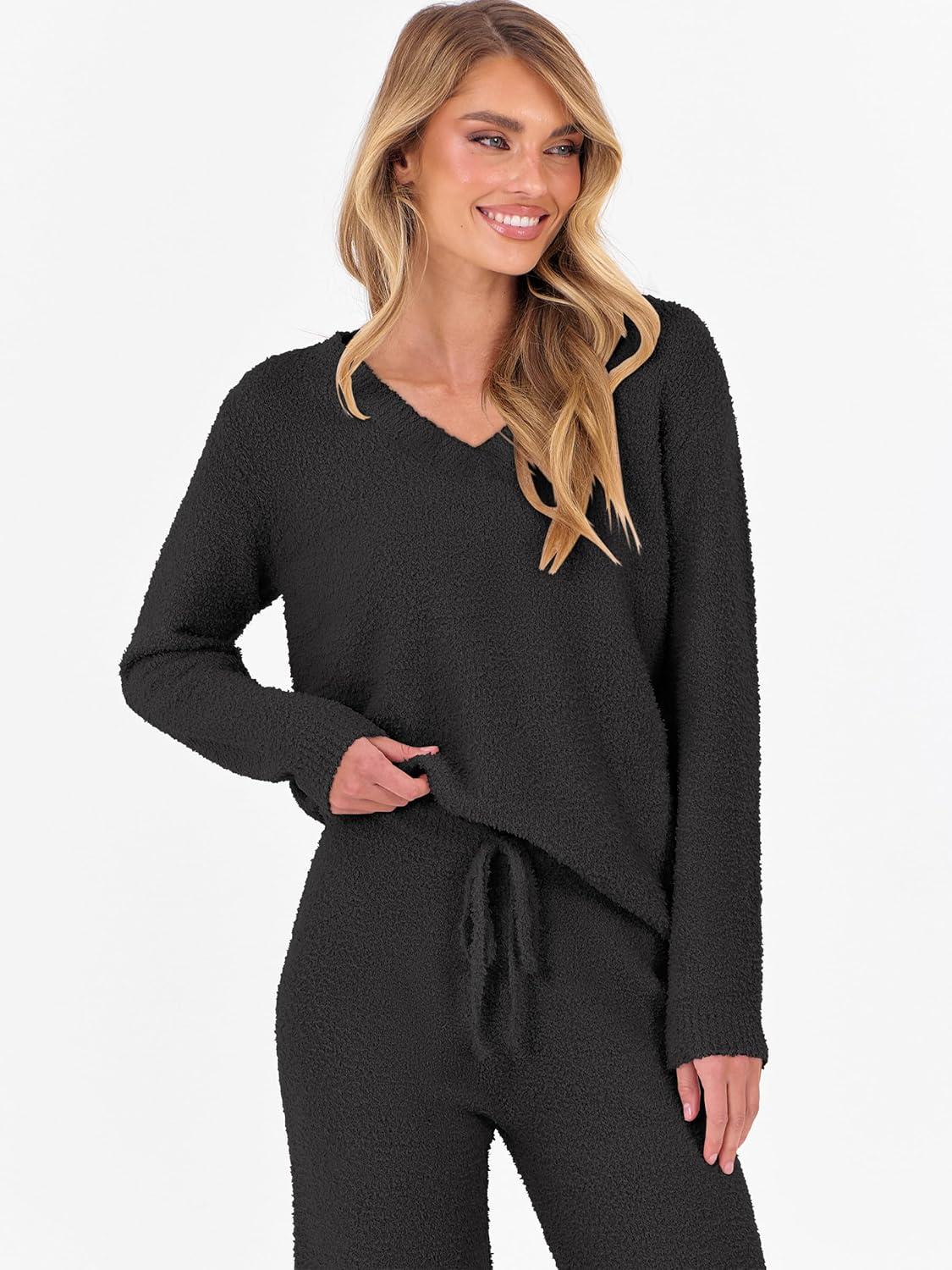 imageANRABESS Lounge Sets for Women Fuzzy Fleece Pajama Sets 2 Piece Outfits Cozy Sweater Matching Set 2025 Fall Winter LoungewearBlack