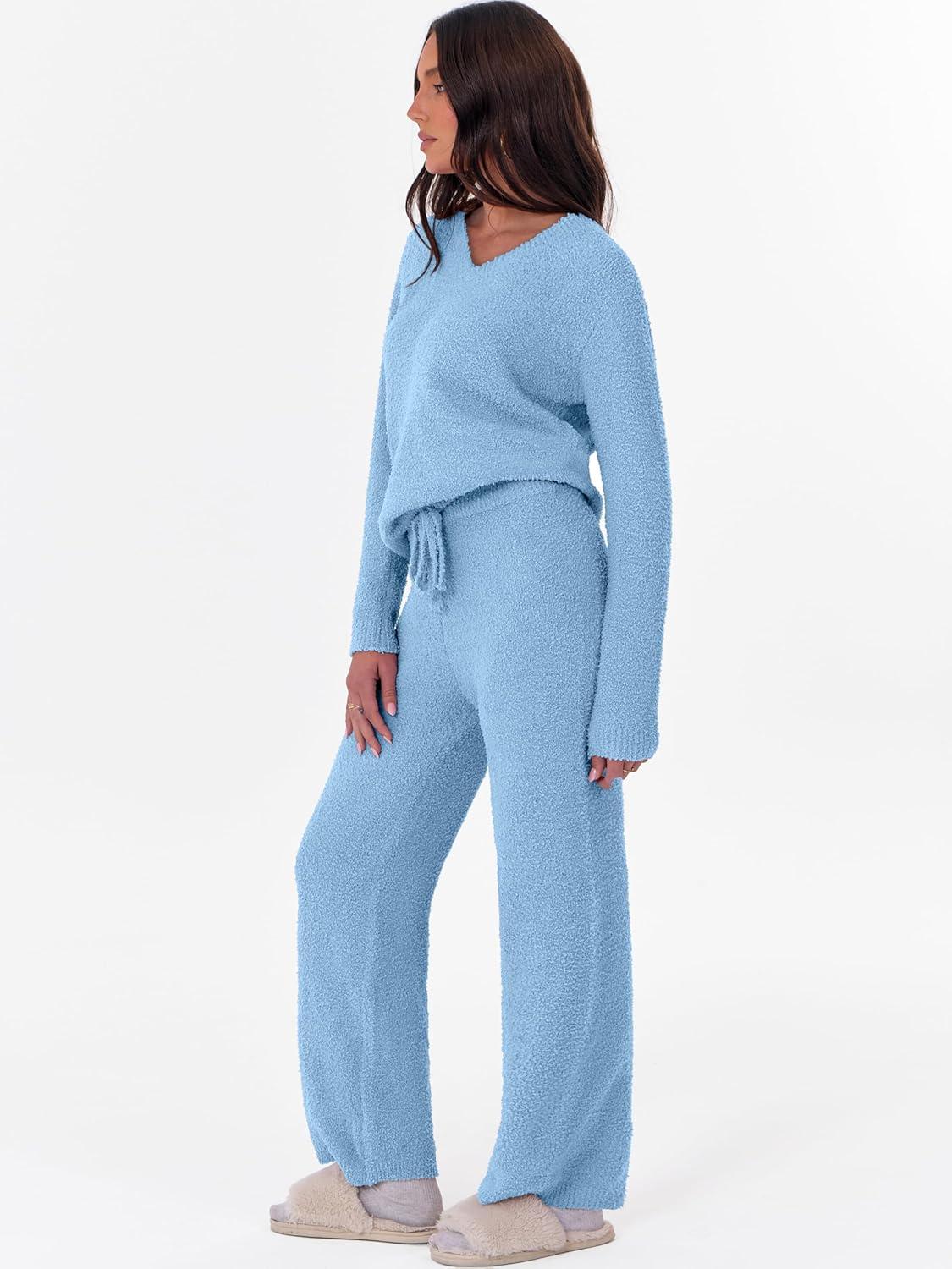 imageANRABESS Lounge Sets for Women Fuzzy Fleece Pajama Sets 2 Piece Outfits Cozy Sweater Matching Set 2025 Fall Winter LoungewearBlue