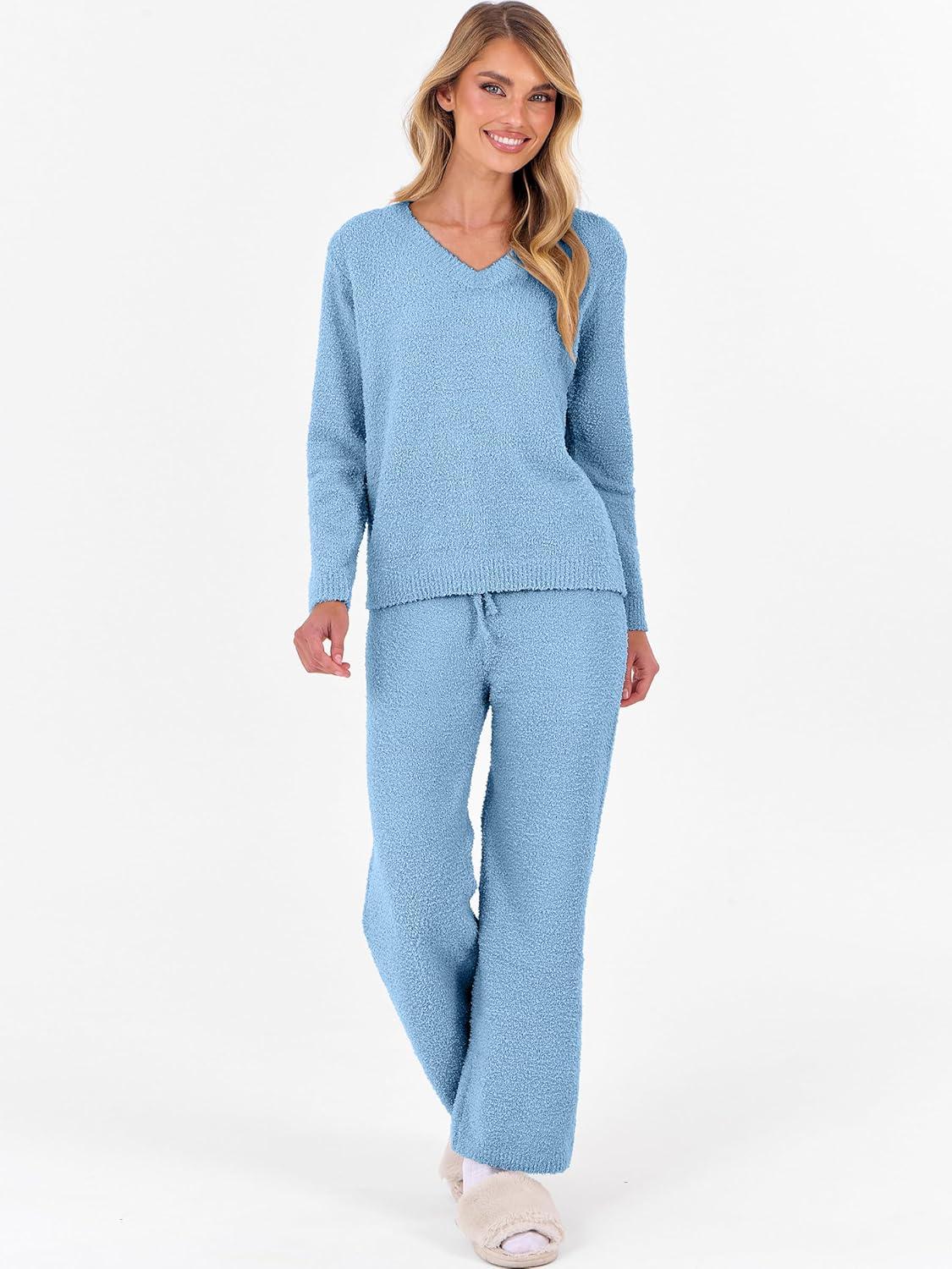 imageANRABESS Lounge Sets for Women Fuzzy Fleece Pajama Sets 2 Piece Outfits Cozy Sweater Matching Set 2025 Fall Winter LoungewearBlue