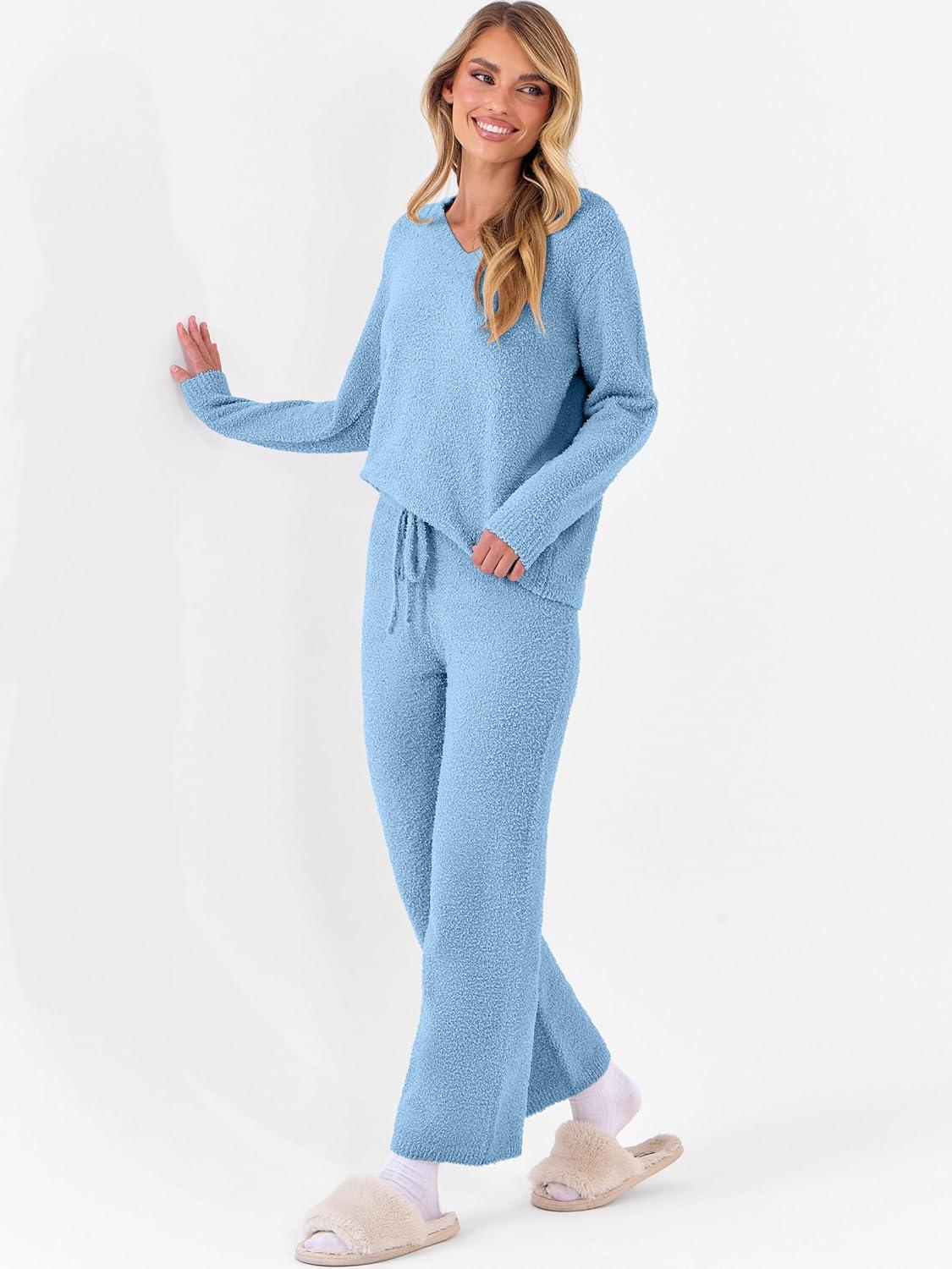 imageANRABESS Lounge Sets for Women Fuzzy Fleece Pajama Sets 2 Piece Outfits Cozy Sweater Matching Set 2025 Fall Winter LoungewearBlue
