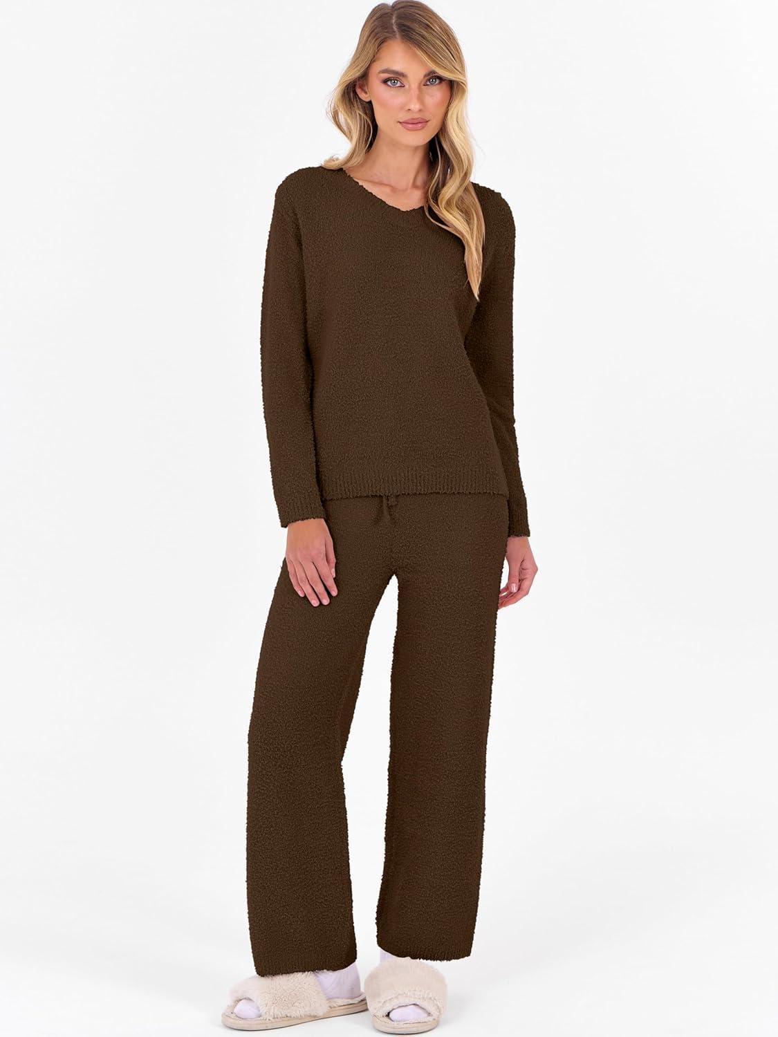 imageANRABESS Lounge Sets for Women Fuzzy Fleece Pajama Sets 2 Piece Outfits Cozy Sweater Matching Set 2025 Fall Winter LoungewearBrown