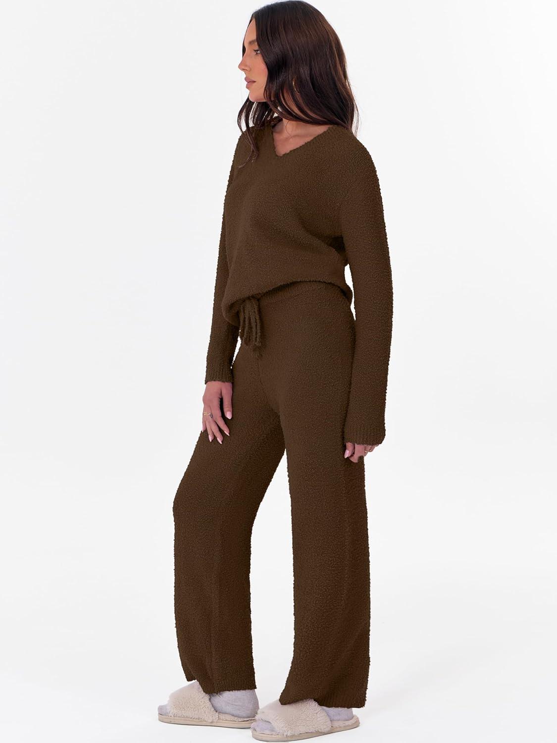 imageANRABESS Lounge Sets for Women Fuzzy Fleece Pajama Sets 2 Piece Outfits Cozy Sweater Matching Set 2025 Fall Winter LoungewearBrown