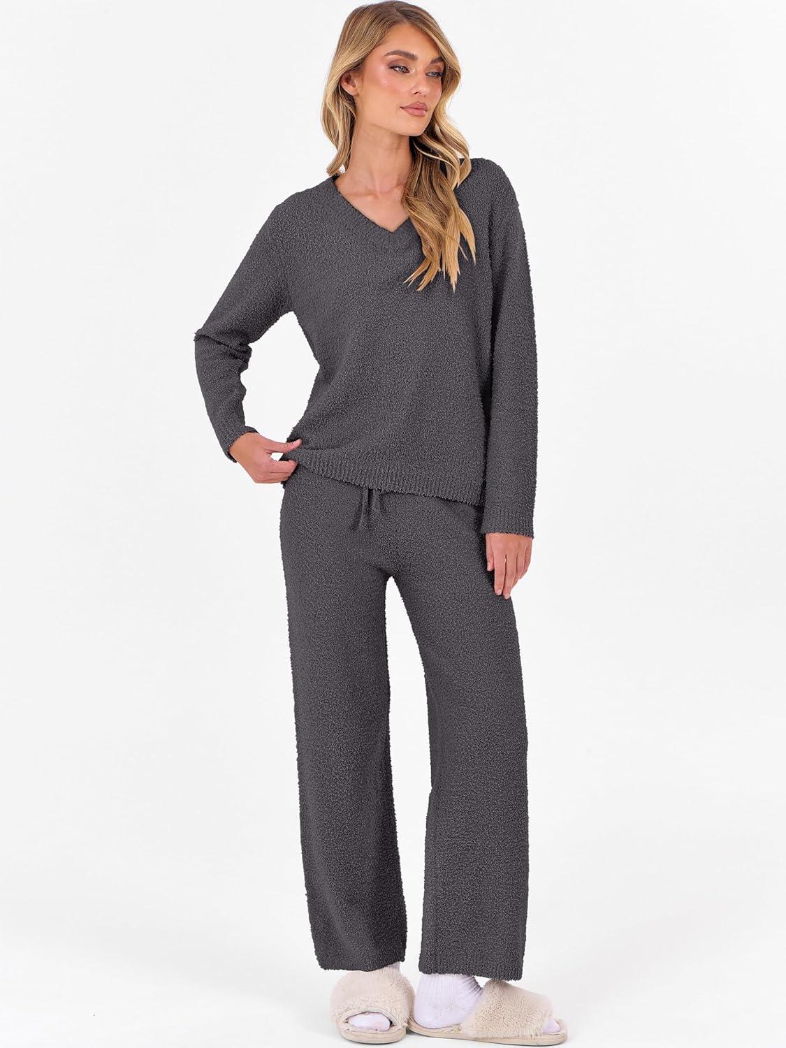 imageANRABESS Lounge Sets for Women Fuzzy Fleece Pajama Sets 2 Piece Outfits Cozy Sweater Matching Set 2025 Fall Winter LoungewearDeep Grey