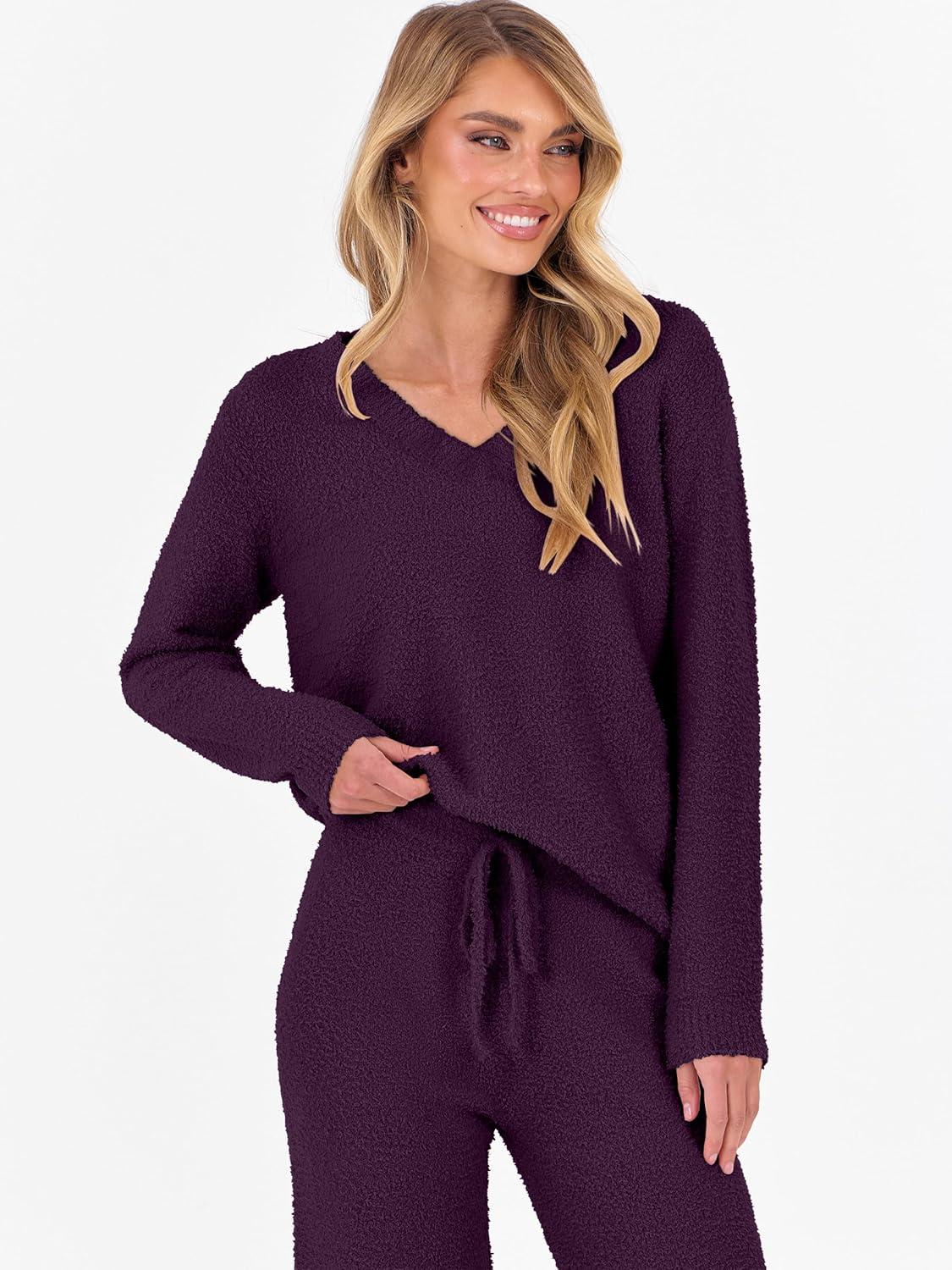 imageANRABESS Lounge Sets for Women Fuzzy Fleece Pajama Sets 2 Piece Outfits Cozy Sweater Matching Set 2025 Fall Winter LoungewearDeep Viole