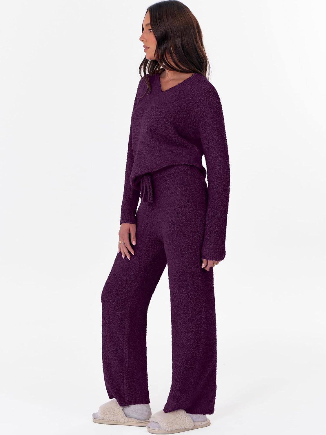 imageANRABESS Lounge Sets for Women Fuzzy Fleece Pajama Sets 2 Piece Outfits Cozy Sweater Matching Set 2025 Fall Winter LoungewearDeep Viole
