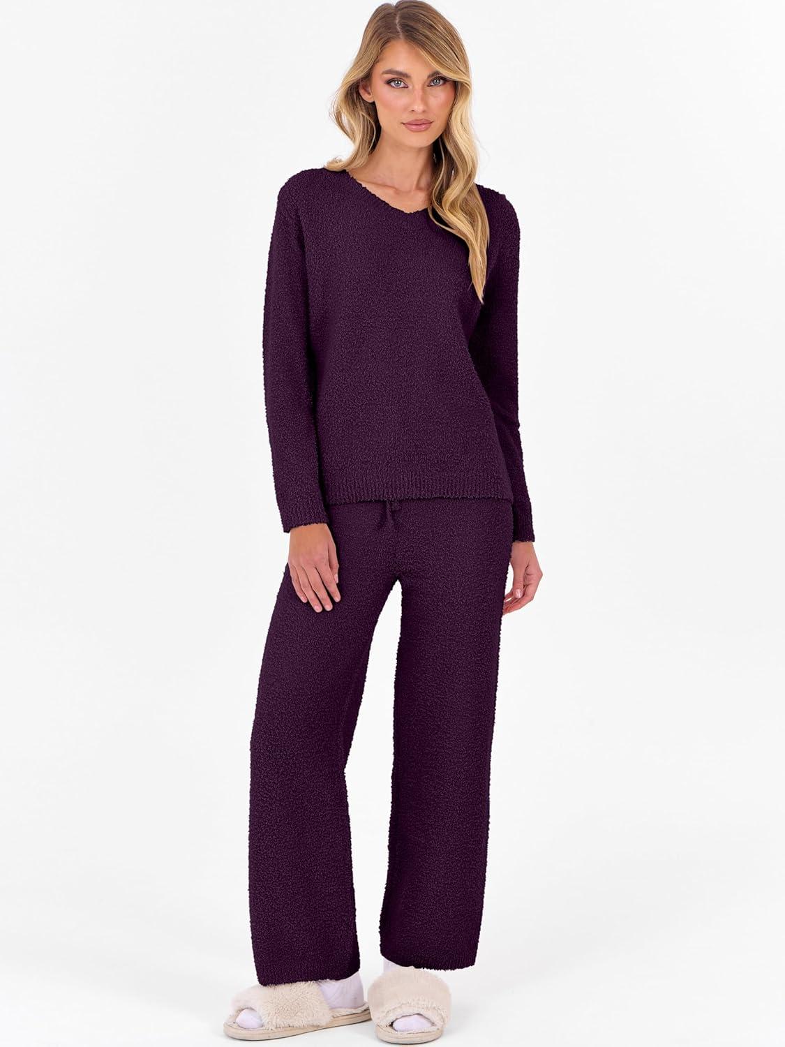 imageANRABESS Lounge Sets for Women Fuzzy Fleece Pajama Sets 2 Piece Outfits Cozy Sweater Matching Set 2025 Fall Winter LoungewearDeep Viole