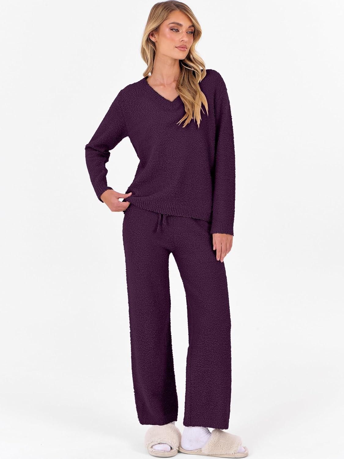 imageANRABESS Lounge Sets for Women Fuzzy Fleece Pajama Sets 2 Piece Outfits Cozy Sweater Matching Set 2025 Fall Winter LoungewearDeep Viole