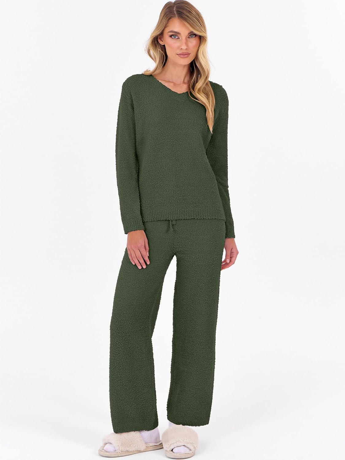 imageANRABESS Lounge Sets for Women Fuzzy Fleece Pajama Sets 2 Piece Outfits Cozy Sweater Matching Set 2025 Fall Winter LoungewearLawn Green