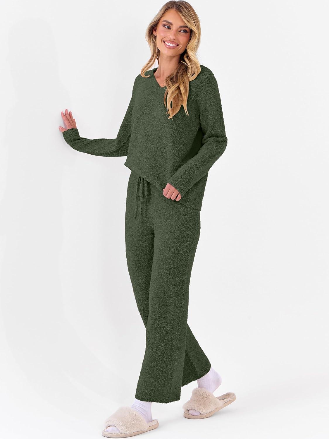 imageANRABESS Lounge Sets for Women Fuzzy Fleece Pajama Sets 2 Piece Outfits Cozy Sweater Matching Set 2025 Fall Winter LoungewearLawn Green