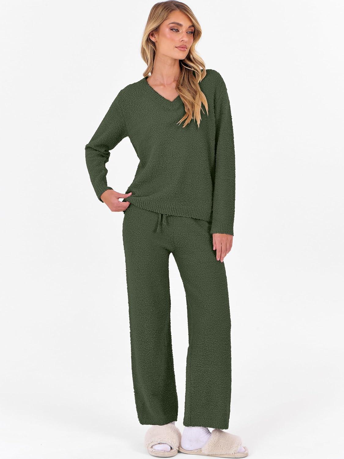 imageANRABESS Lounge Sets for Women Fuzzy Fleece Pajama Sets 2 Piece Outfits Cozy Sweater Matching Set 2025 Fall Winter LoungewearLawn Green