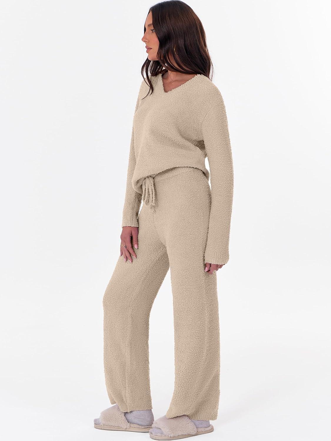 imageANRABESS Lounge Sets for Women Fuzzy Fleece Pajama Sets 2 Piece Outfits Cozy Sweater Matching Set 2025 Fall Winter LoungewearLight Khaki