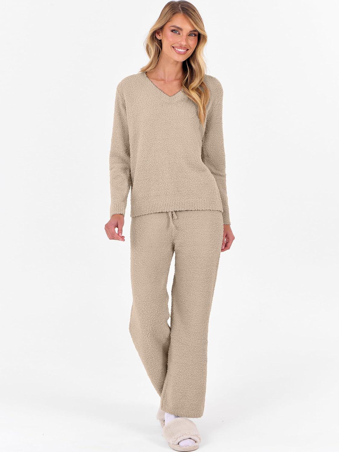 imageANRABESS Lounge Sets for Women Fuzzy Fleece Pajama Sets 2 Piece Outfits Cozy Sweater Matching Set 2025 Fall Winter LoungewearLight Khaki