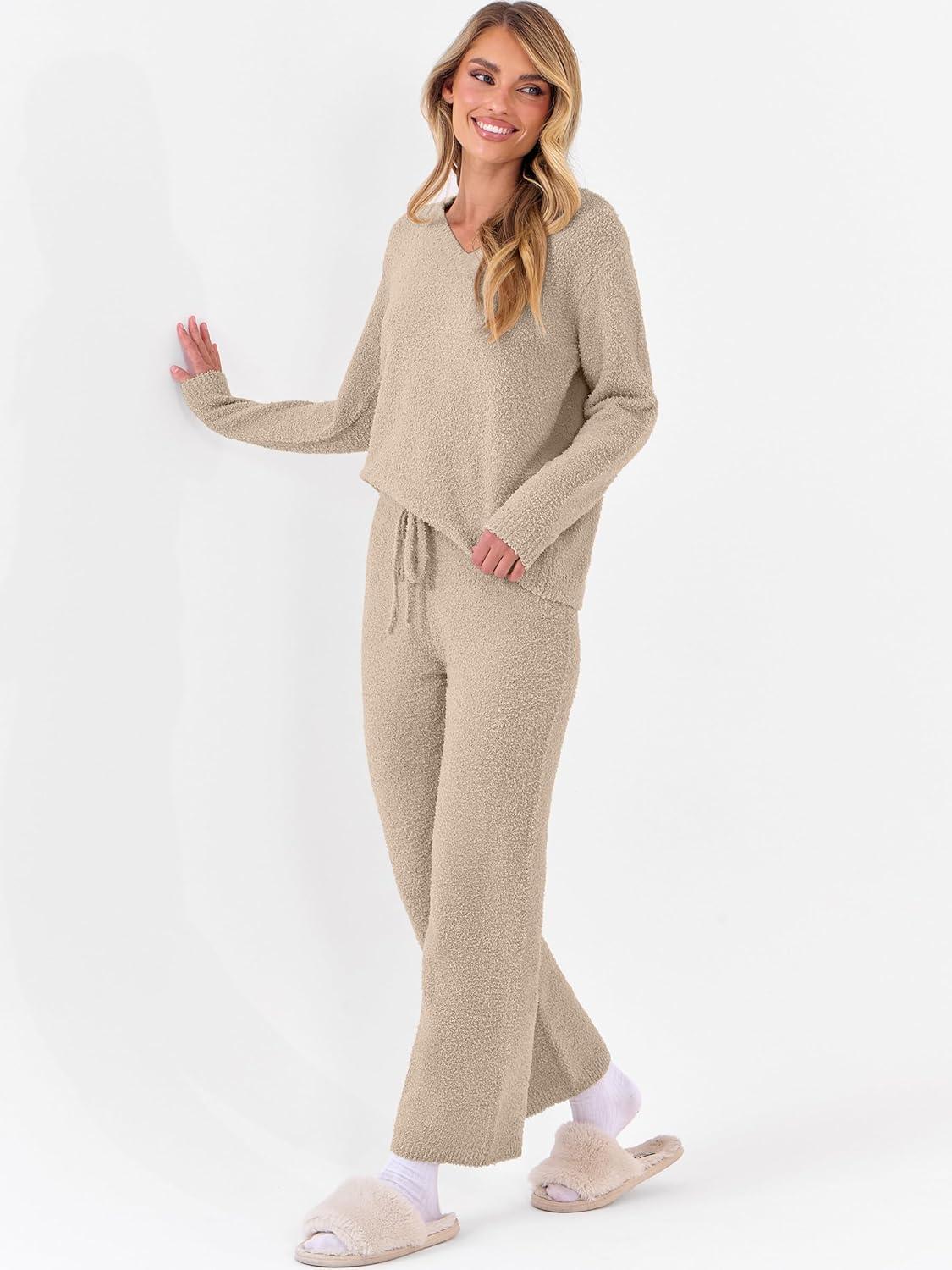 imageANRABESS Lounge Sets for Women Fuzzy Fleece Pajama Sets 2 Piece Outfits Cozy Sweater Matching Set 2025 Fall Winter LoungewearLight Khaki