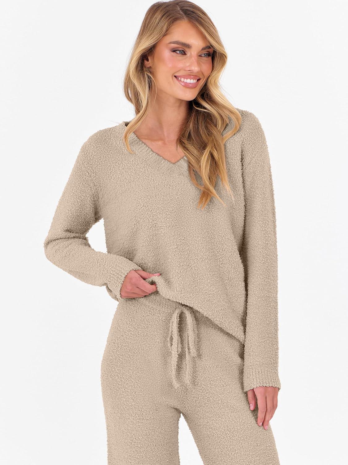 imageANRABESS Lounge Sets for Women Fuzzy Fleece Pajama Sets 2 Piece Outfits Cozy Sweater Matching Set 2025 Fall Winter LoungewearLight Khaki