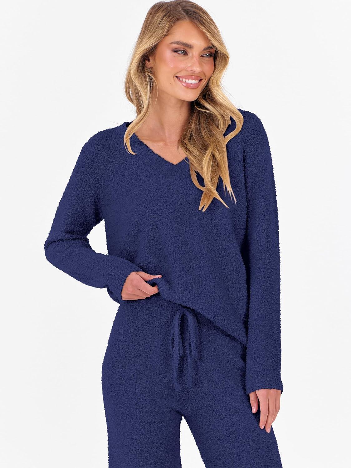 imageANRABESS Lounge Sets for Women Fuzzy Fleece Pajama Sets 2 Piece Outfits Cozy Sweater Matching Set 2025 Fall Winter LoungewearNavy Blue