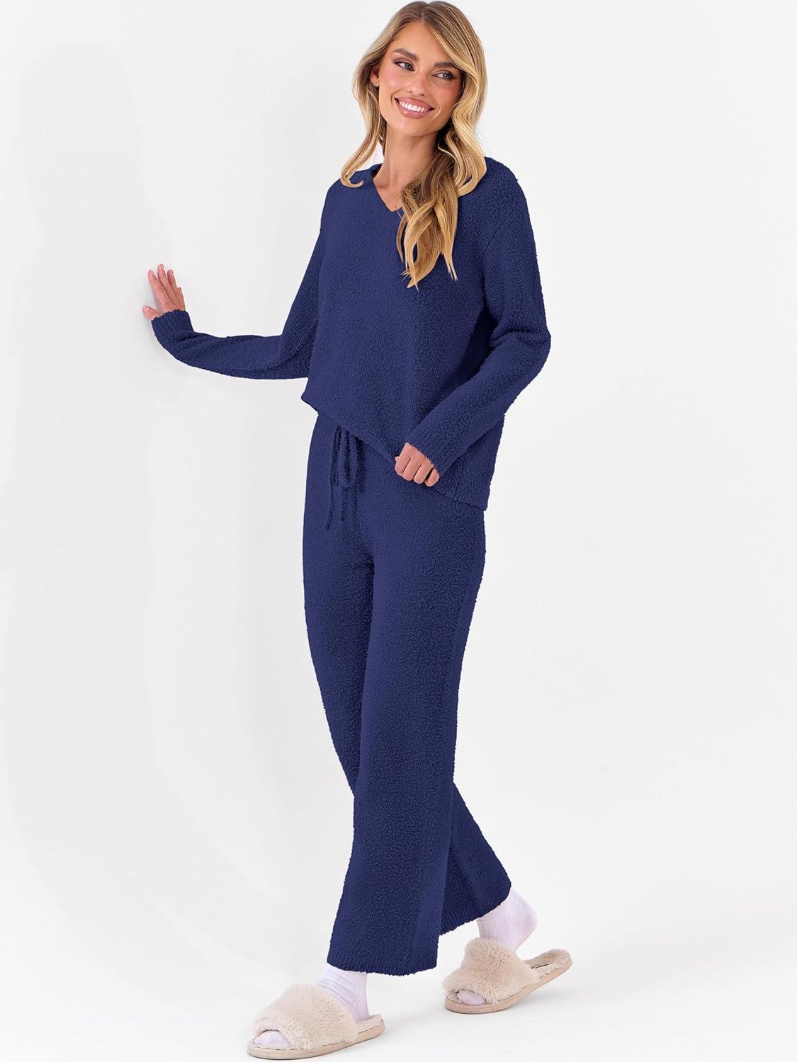 imageANRABESS Lounge Sets for Women Fuzzy Fleece Pajama Sets 2 Piece Outfits Cozy Sweater Matching Set 2025 Fall Winter LoungewearNavy Blue