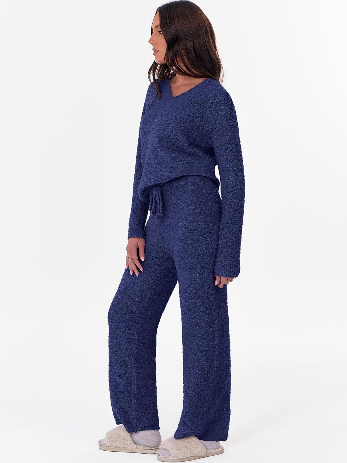 imageANRABESS Lounge Sets for Women Fuzzy Fleece Pajama Sets 2 Piece Outfits Cozy Sweater Matching Set 2025 Fall Winter LoungewearNavy Blue