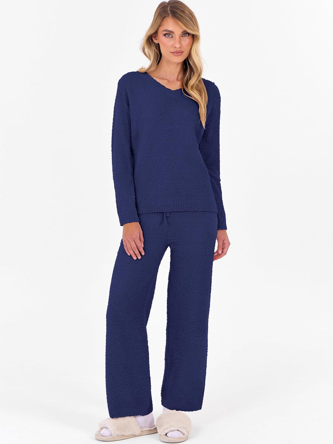 imageANRABESS Lounge Sets for Women Fuzzy Fleece Pajama Sets 2 Piece Outfits Cozy Sweater Matching Set 2025 Fall Winter LoungewearNavy Blue