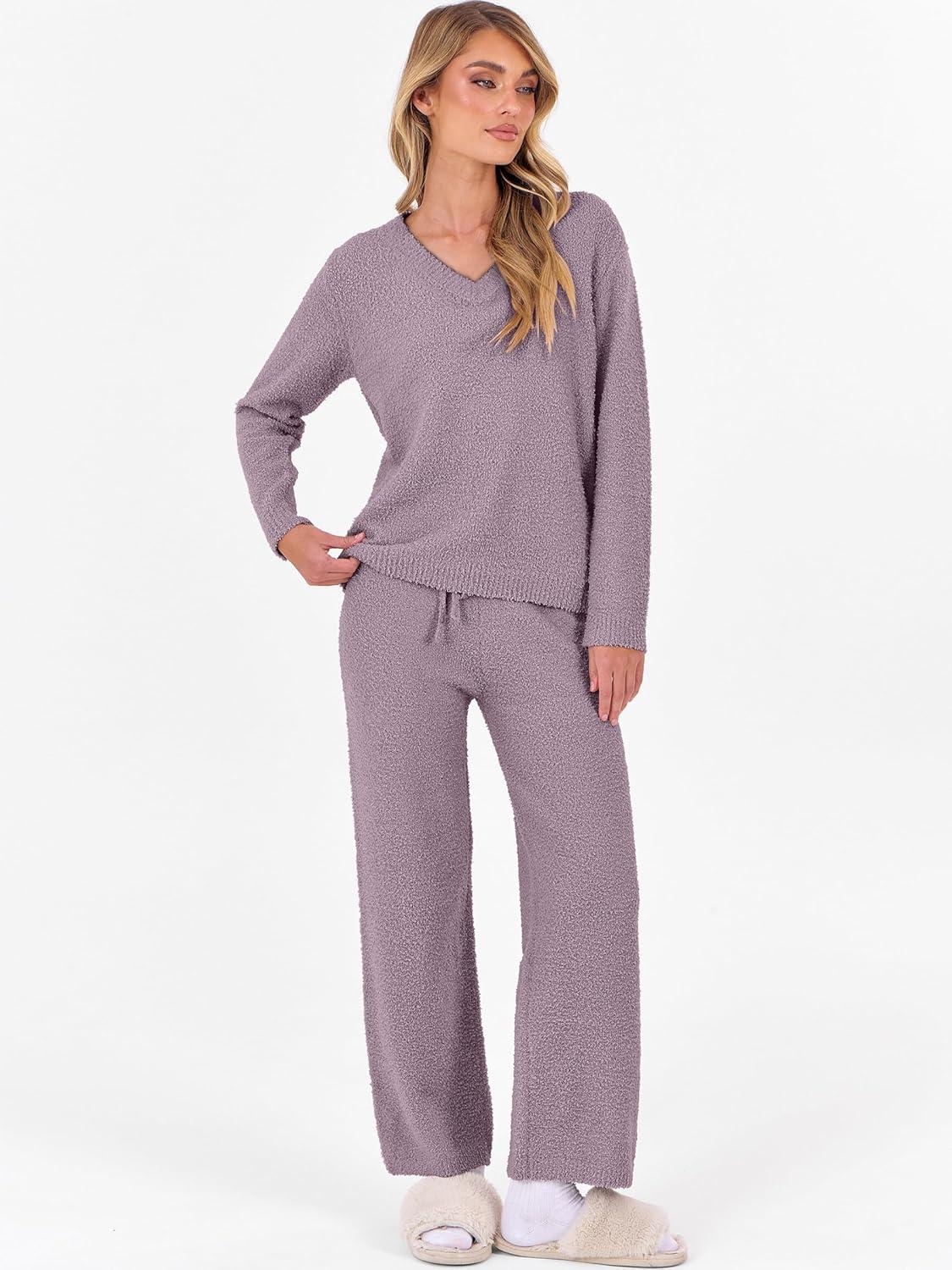 imageANRABESS Lounge Sets for Women Fuzzy Fleece Pajama Sets 2 Piece Outfits Cozy Sweater Matching Set 2025 Fall Winter LoungewearPurple