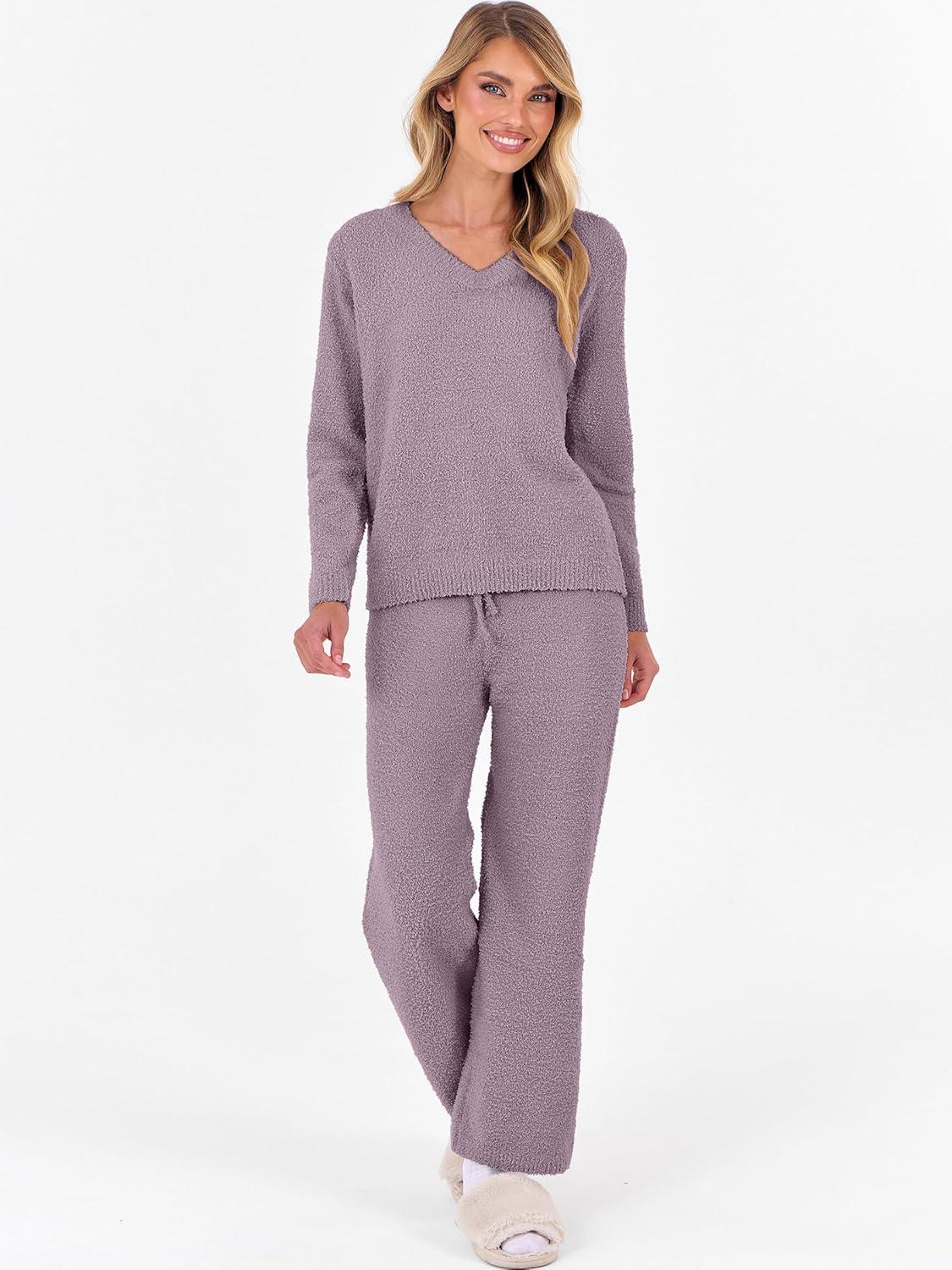 imageANRABESS Lounge Sets for Women Fuzzy Fleece Pajama Sets 2 Piece Outfits Cozy Sweater Matching Set 2025 Fall Winter LoungewearPurple