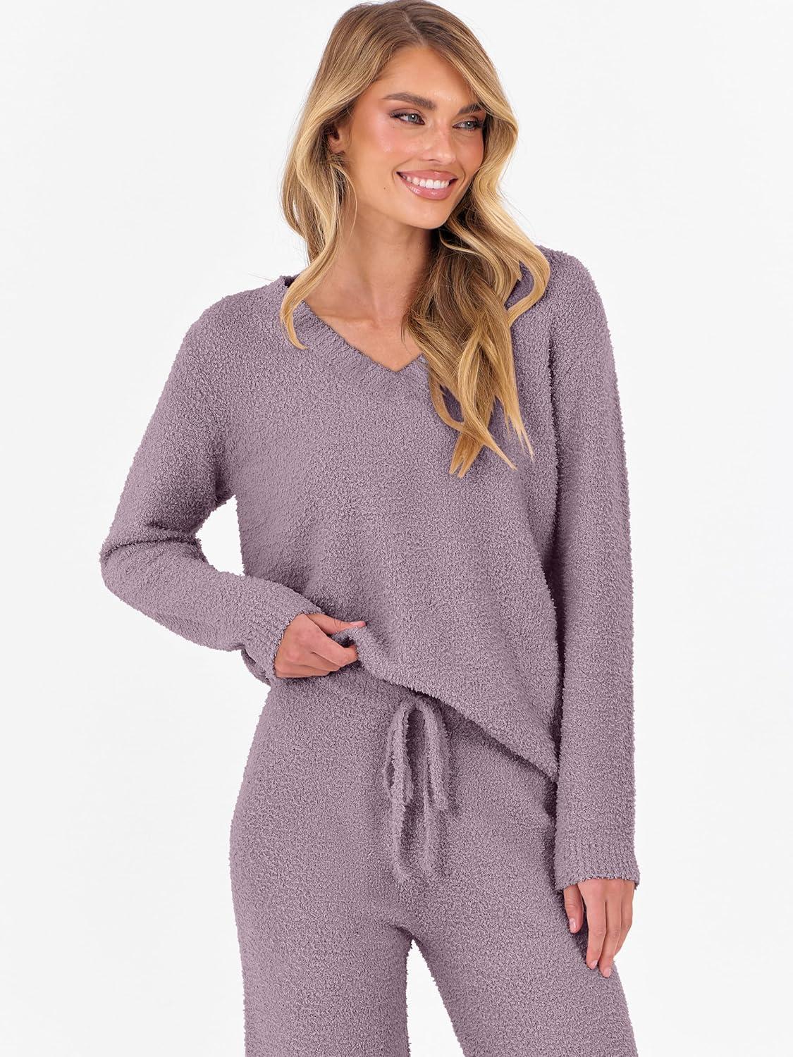 imageANRABESS Lounge Sets for Women Fuzzy Fleece Pajama Sets 2 Piece Outfits Cozy Sweater Matching Set 2025 Fall Winter LoungewearPurple