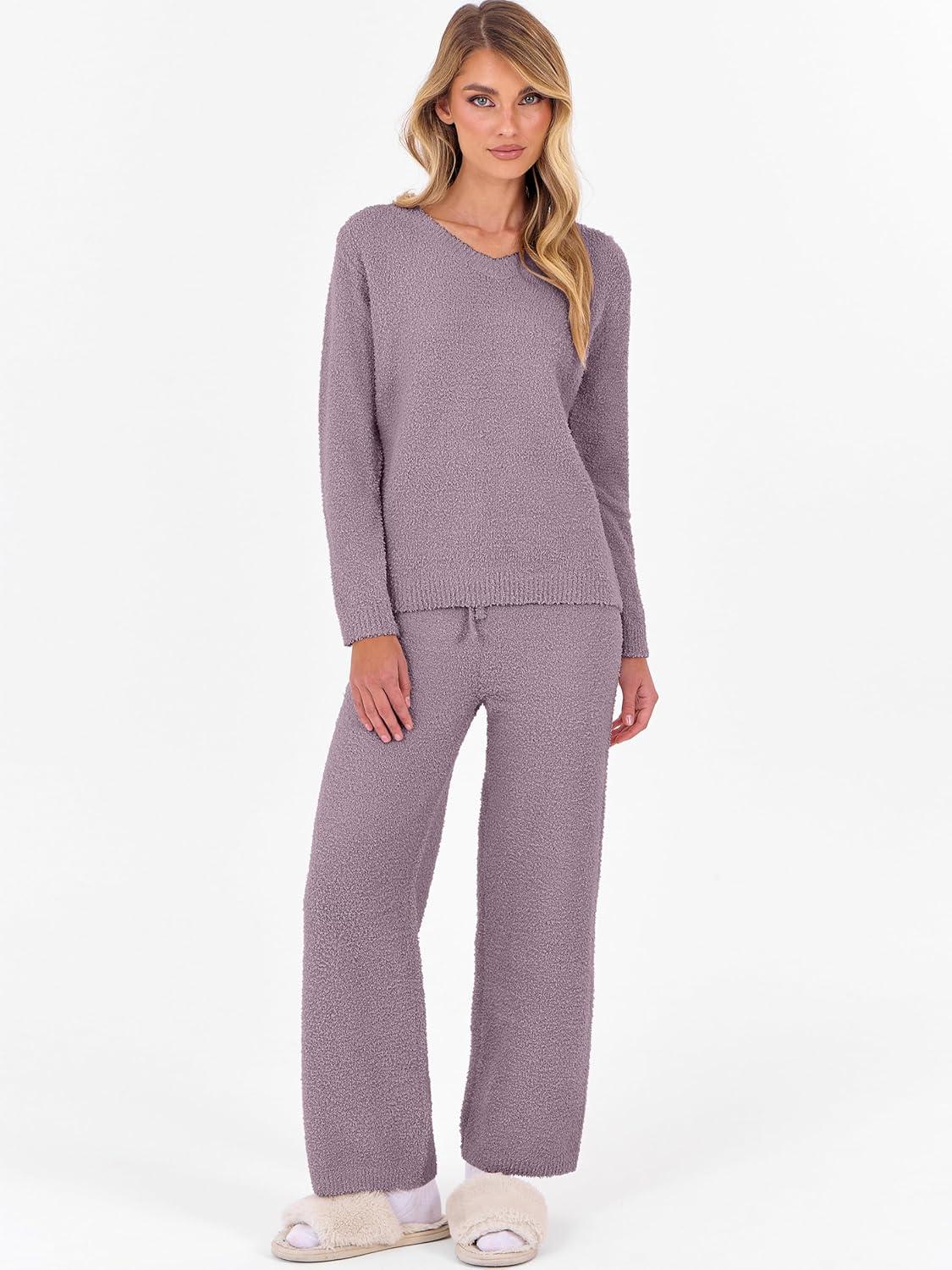 imageANRABESS Lounge Sets for Women Fuzzy Fleece Pajama Sets 2 Piece Outfits Cozy Sweater Matching Set 2025 Fall Winter LoungewearPurple