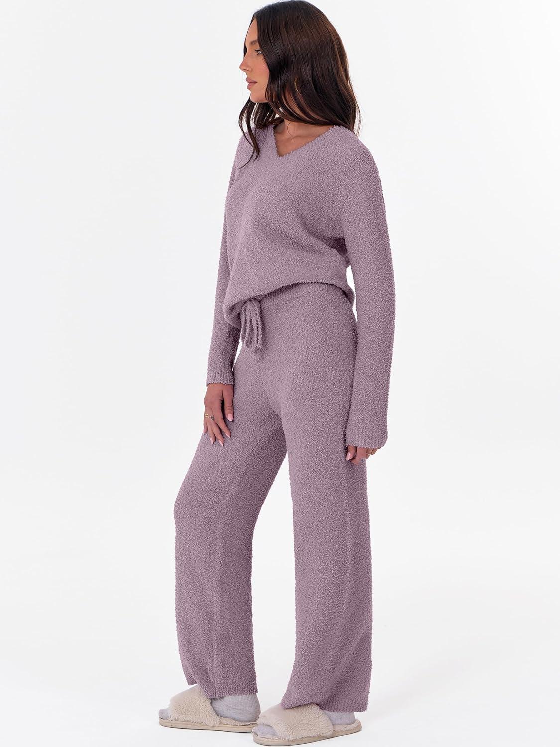 imageANRABESS Lounge Sets for Women Fuzzy Fleece Pajama Sets 2 Piece Outfits Cozy Sweater Matching Set 2025 Fall Winter LoungewearPurple