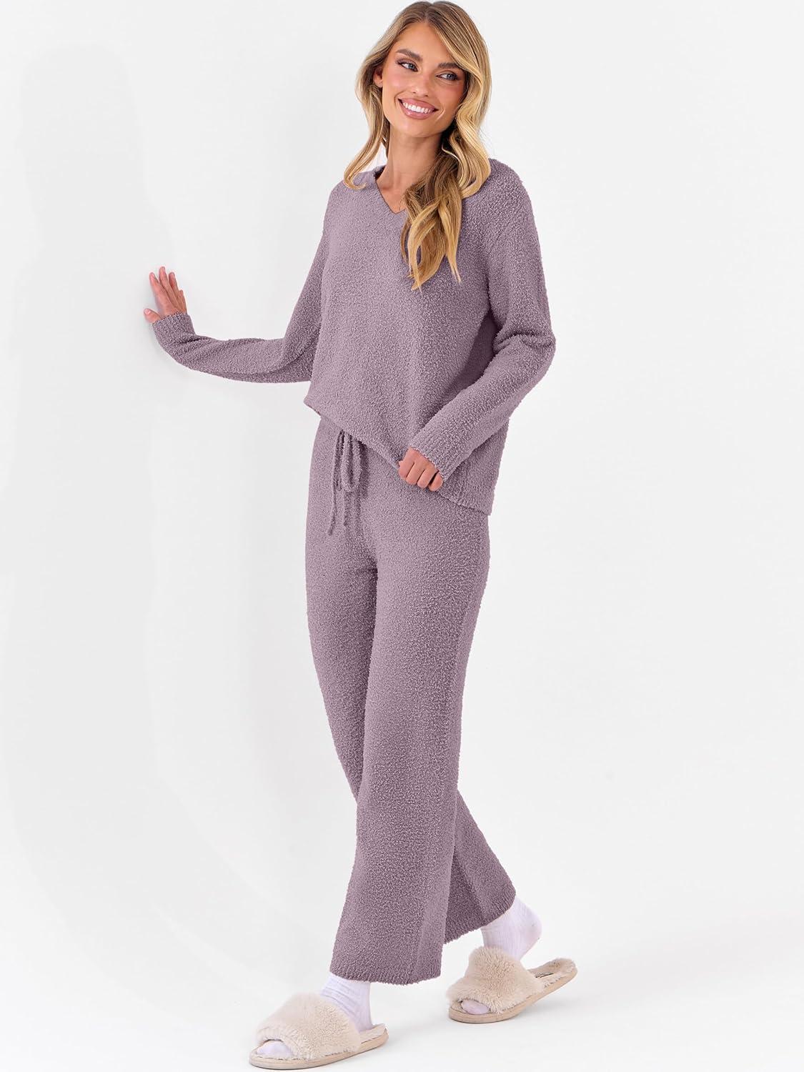 imageANRABESS Lounge Sets for Women Fuzzy Fleece Pajama Sets 2 Piece Outfits Cozy Sweater Matching Set 2025 Fall Winter LoungewearPurple