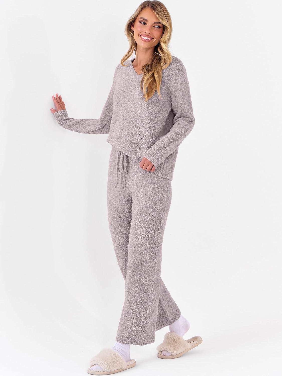 imageANRABESS Lounge Sets for Women Fuzzy Fleece Pajama Sets 2 Piece Outfits Cozy Sweater Matching Set 2025 Fall Winter LoungewearSilver Grey