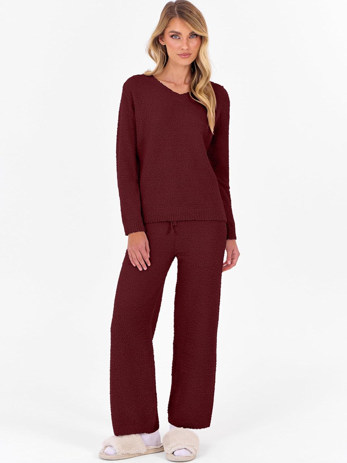 imageANRABESS Lounge Sets for Women Fuzzy Fleece Pajama Sets 2 Piece Outfits Cozy Sweater Matching Set 2025 Fall Winter LoungewearWine Red