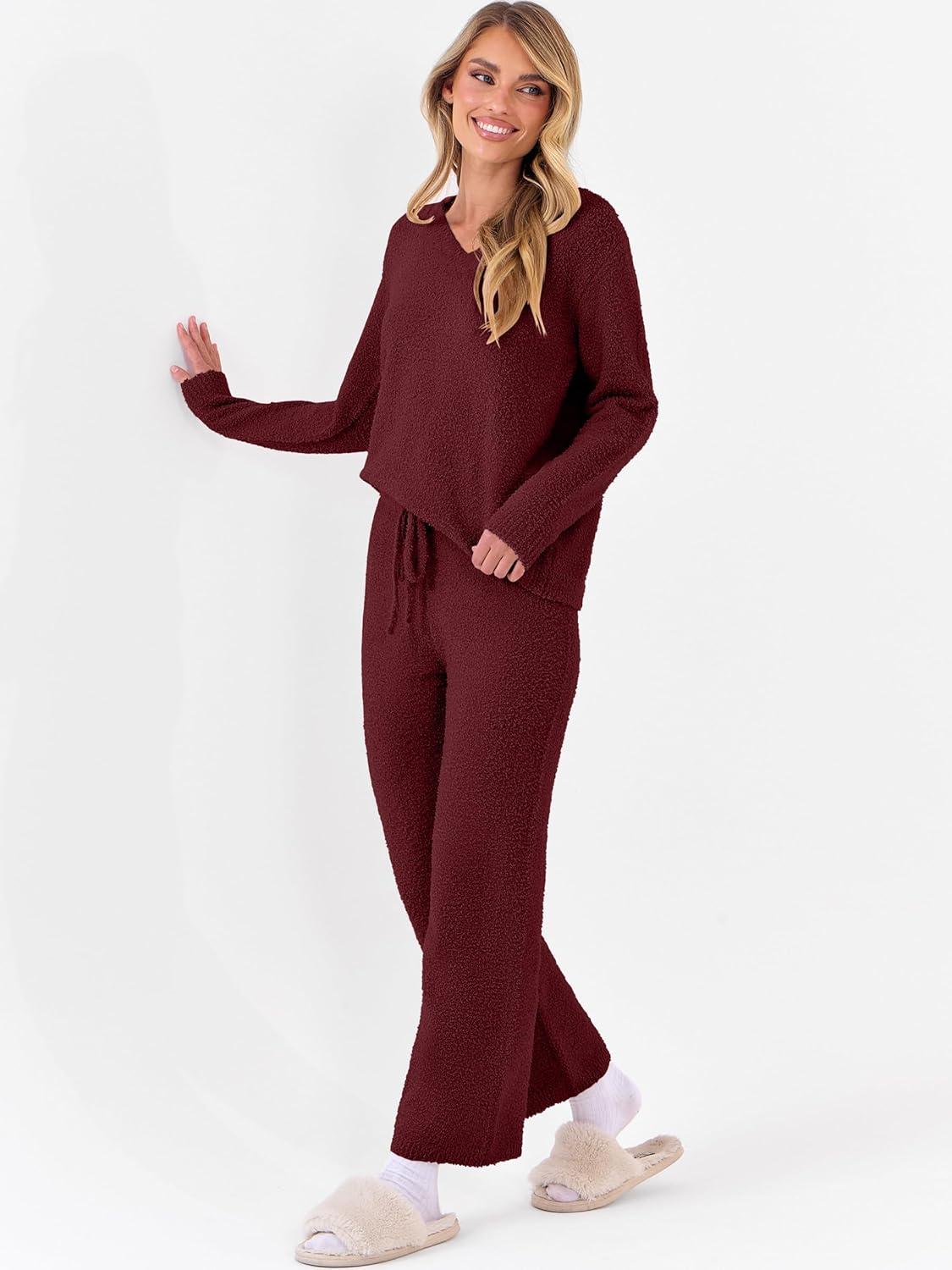 imageANRABESS Lounge Sets for Women Fuzzy Fleece Pajama Sets 2 Piece Outfits Cozy Sweater Matching Set 2025 Fall Winter LoungewearWine Red
