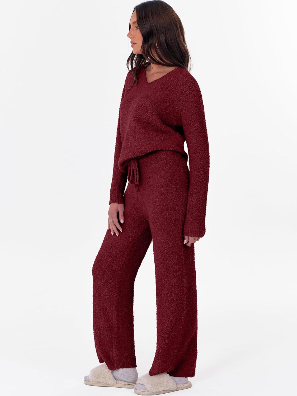 imageANRABESS Lounge Sets for Women Fuzzy Fleece Pajama Sets 2 Piece Outfits Cozy Sweater Matching Set 2025 Fall Winter LoungewearWine Red