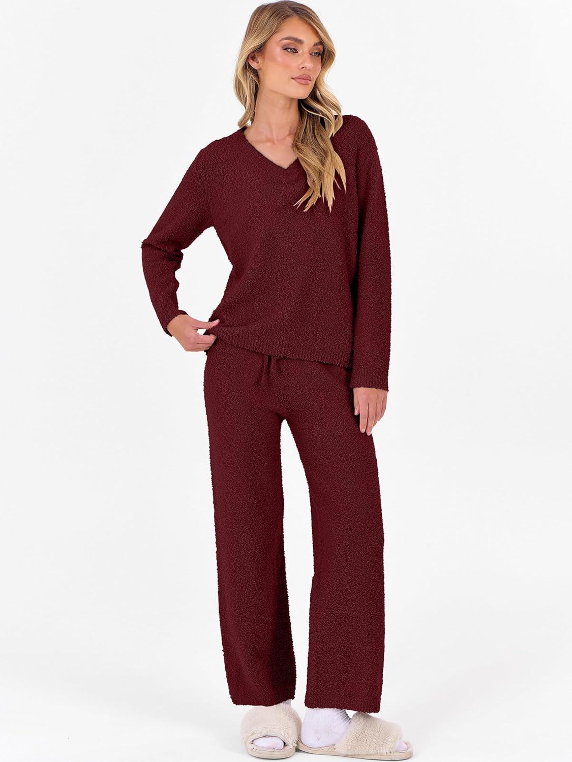 imageANRABESS Lounge Sets for Women Fuzzy Fleece Pajama Sets 2 Piece Outfits Cozy Sweater Matching Set 2025 Fall Winter LoungewearWine Red