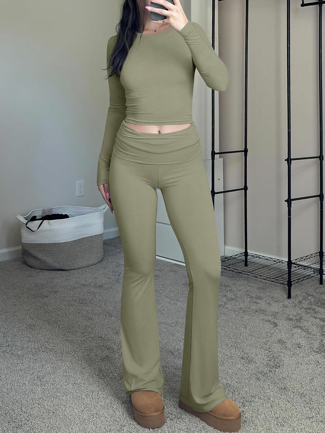imageANRABESS Women 2 Piece Outfits Fall Lounge Sets Long Sleeve Cropped Top Fold Over Flare Pants Comfy Pajamas Set Y2K ClothesArmy Green