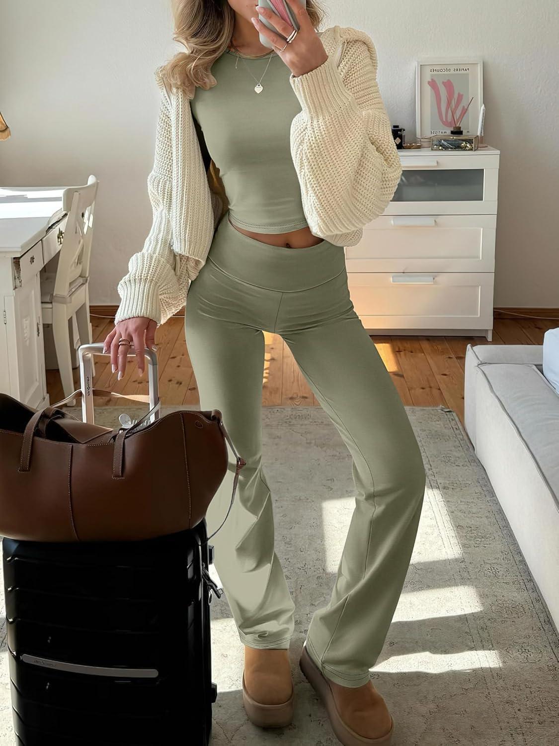 imageANRABESS Women 2 Piece Outfits Fall Lounge Sets Long Sleeve Cropped Top Fold Over Flare Pants Comfy Pajamas Set Y2K ClothesArmy Green