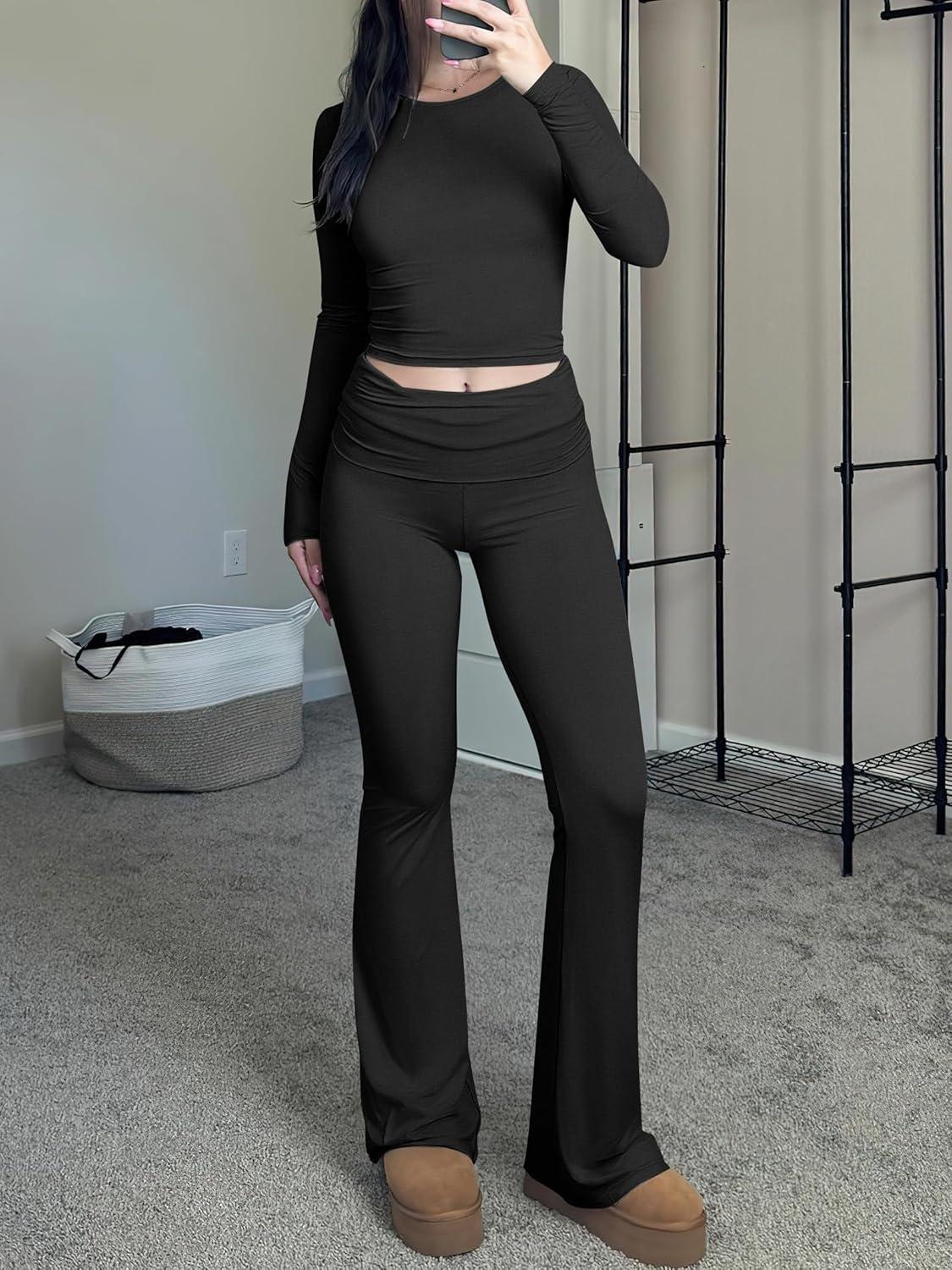 imageANRABESS Women 2 Piece Outfits Fall Lounge Sets Long Sleeve Cropped Top Fold Over Flare Pants Comfy Pajamas Set Y2K ClothesBlack